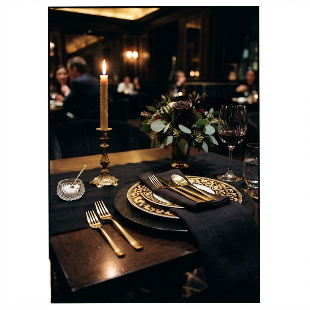 Elegant table setting with gold cutlery